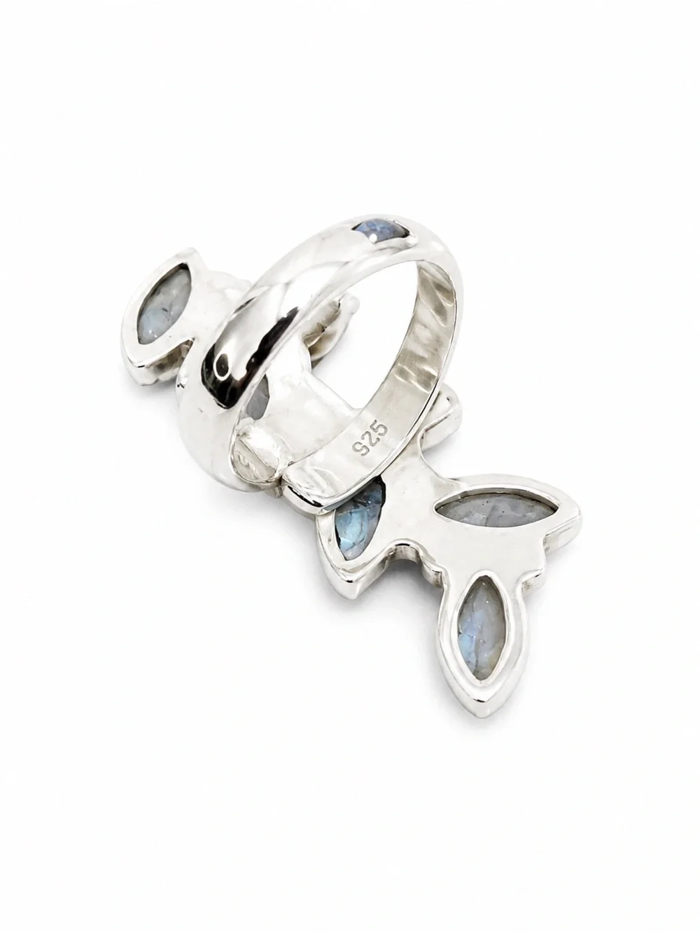 Sterling Silver Marquise Moonstone Cluster Ring - Blue Flash